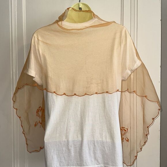 Vintage 60s long orange chiffon scarf with embossed floral design & hem - Picture 6 of 8